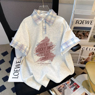 美式复古格子polo童装拼接短袖2026T恤夏季新款女童宽松学院上衣