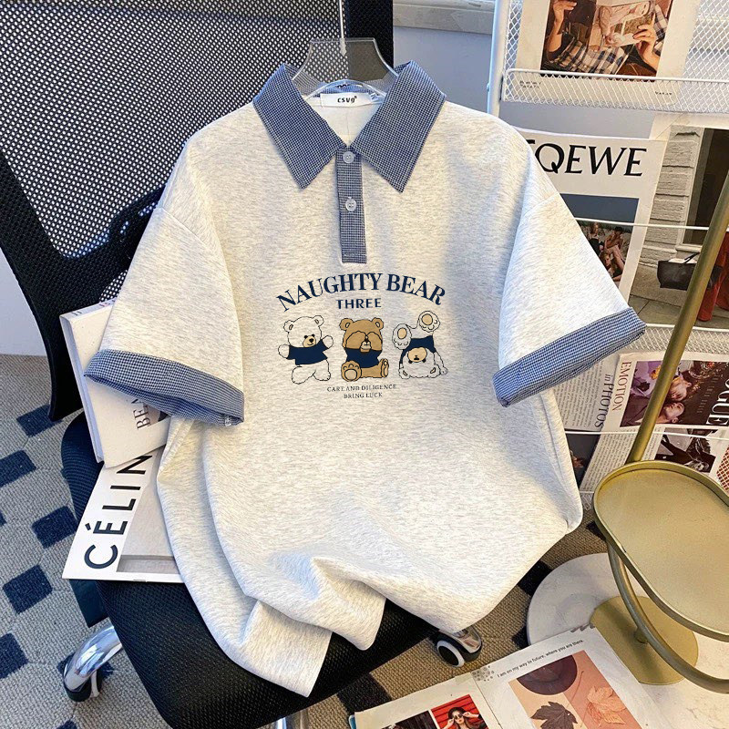 韩版美式2026宽松拼接童装T恤短袖格子polo印花女童夏季学院上衣