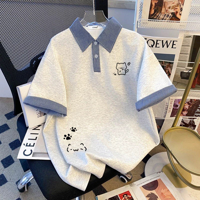 2026新款假两件卡通印花polo领短袖女童装小众设计感宝宝宽松T恤