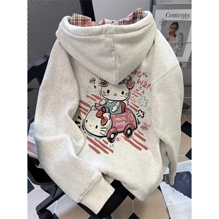 韩系慵懒风可爱甜美白灰卫衣开衫女初中生常规款加绒连帽拉链外套