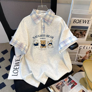 韩版设计宽松拼接短袖大码格子polo印花儿童新款夏季学院上衣女童