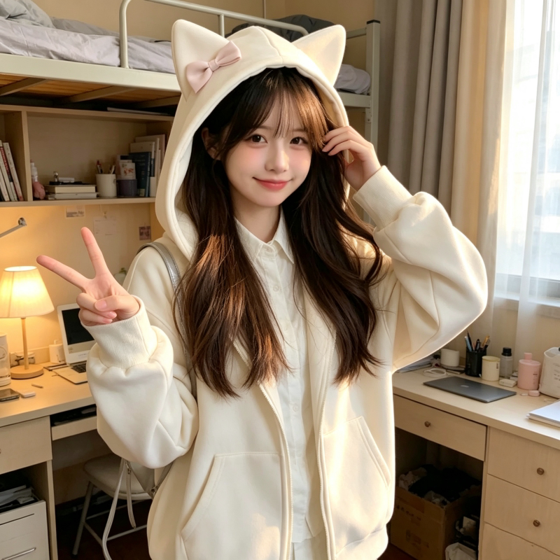 甜美蝴蝶结猫耳连帽开衫女韩版宽松拉链卫衣学生日常休闲外套洋气