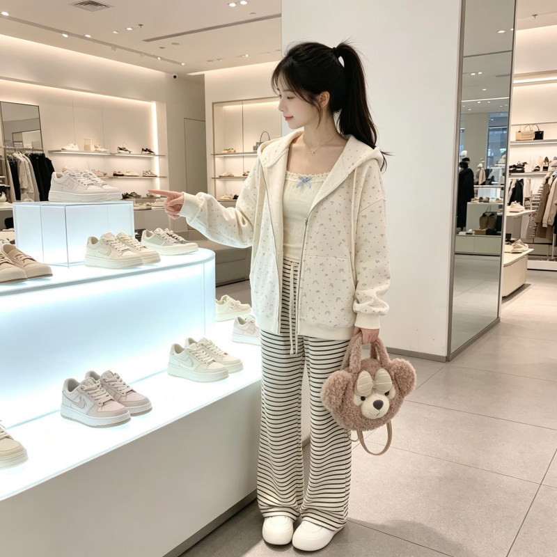 ins港风开衫卫衣女蝴蝶结印花拉链连帽款2026新款简约通勤风上衣