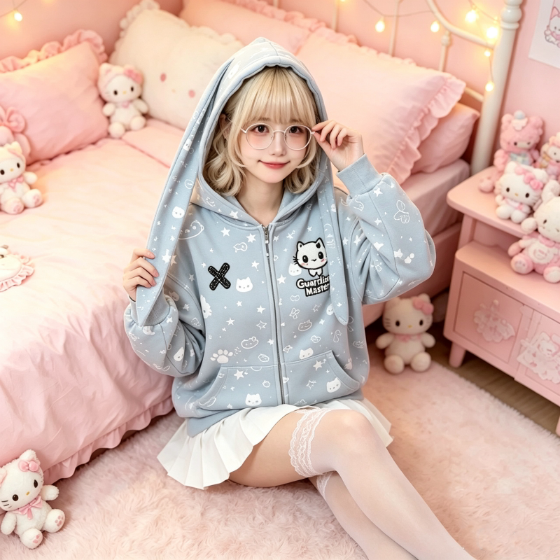 少女感长兔耳连帽开衫外套宽松版型长袖卫衣ins百搭休闲外穿上衣