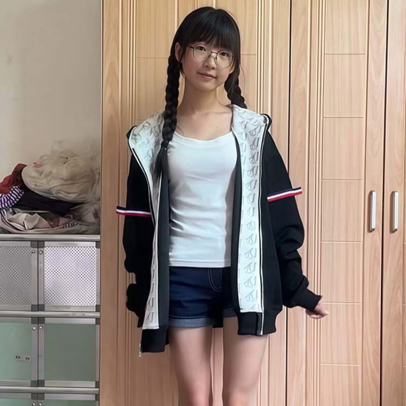 时尚卫衣拉链开衫女生春秋季新款织带装饰大码美式多巴胺韩系上衣