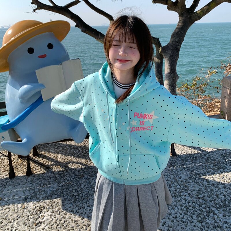 通勤风连帽拉链卫衣女生春秋季印花学院风美式小众温柔风百搭上衣