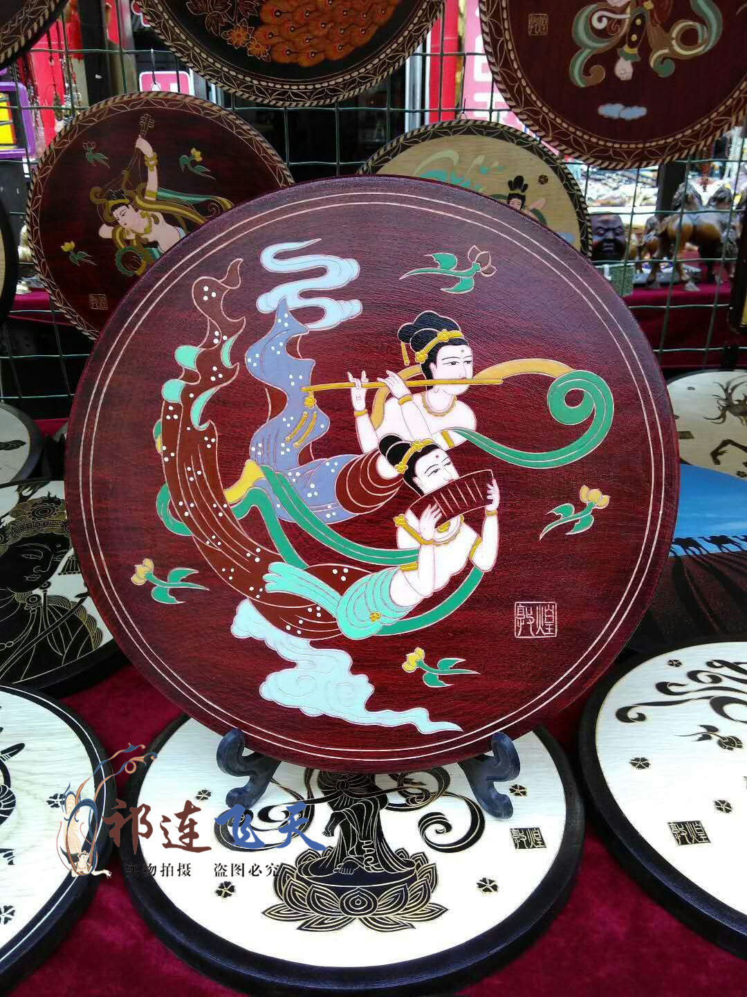 敦煌壁画木板画木版画木雕木刻画手工雕刻直径敦煌旅游纪念品包邮
