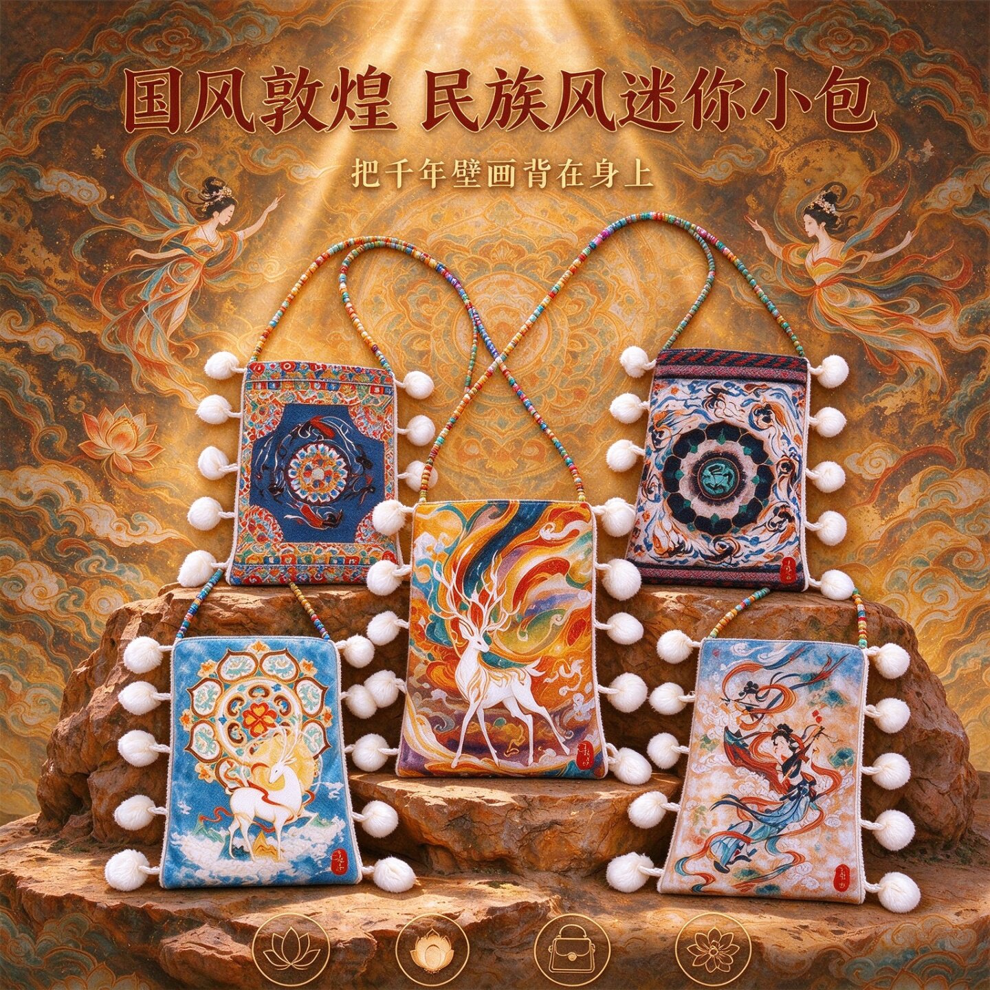 敦煌壁画九色鹿轻便斜挎手机包