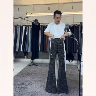 燕龙服饰2065定制加长美式迷彩多口袋修身工装裤弹力微喇牛仔裤