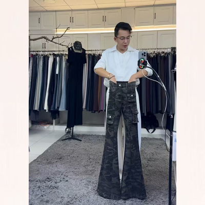 燕龙服饰2065定制加长美式迷彩多口袋修身工装裤弹力微喇牛仔裤