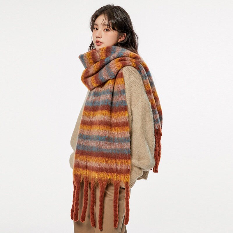 秋冬条纹女保暖马卡龙色围巾显白