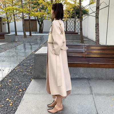 2024新款双面呢羊绒大衣女中长款过膝燕麦色高端气质羊毛呢子外套