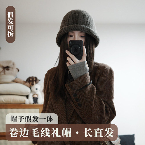 秋冬复古卷边显脸小帽子假发