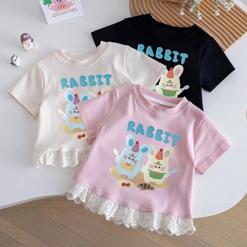 夏季2025新款卡通甜美洋气印花女童宝宝儿童花边短袖T恤上衣外穿t