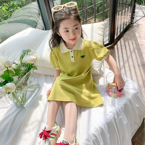女童公主连衣裙夏季女孩裙子POLO纯色韩版A字裙短袖裙摆礼服卡通