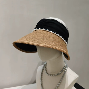 2026新款夏季遮阳帽女防晒防紫外线珍珠空顶帽大帽檐发箍帽草帽潮