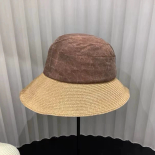 香云纱水波纹草布拼接遮阳帽宽檐卷边草帽显脸小防晒出游女