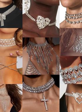 欧美镂空满钻多层颈链时尚百搭闪亮水钻锁骨链流苏爱心镂空蝴蝶结