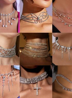 欧美水钻夸张Bling颈链夜店性感超闪撩人项链流苏百搭新娘饰品女
