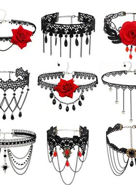 洛丽塔项链万圣节玫瑰花流苏链条宝石花边暗黑锁骨黑色哥特风项圈
