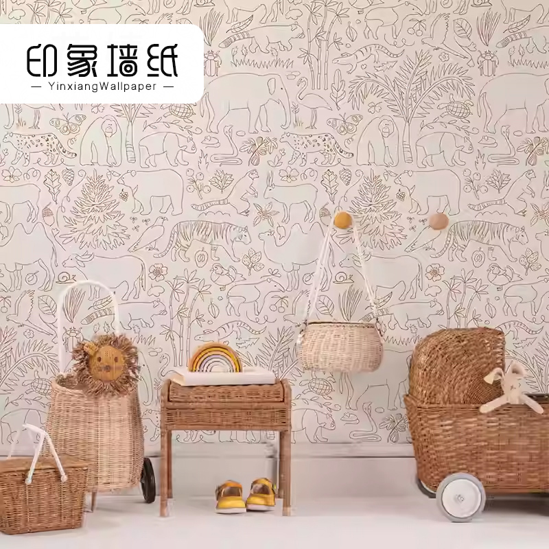 现代儿童房线条动物墙布墙纸定制壁画北欧风格卧室温馨背景墙壁纸