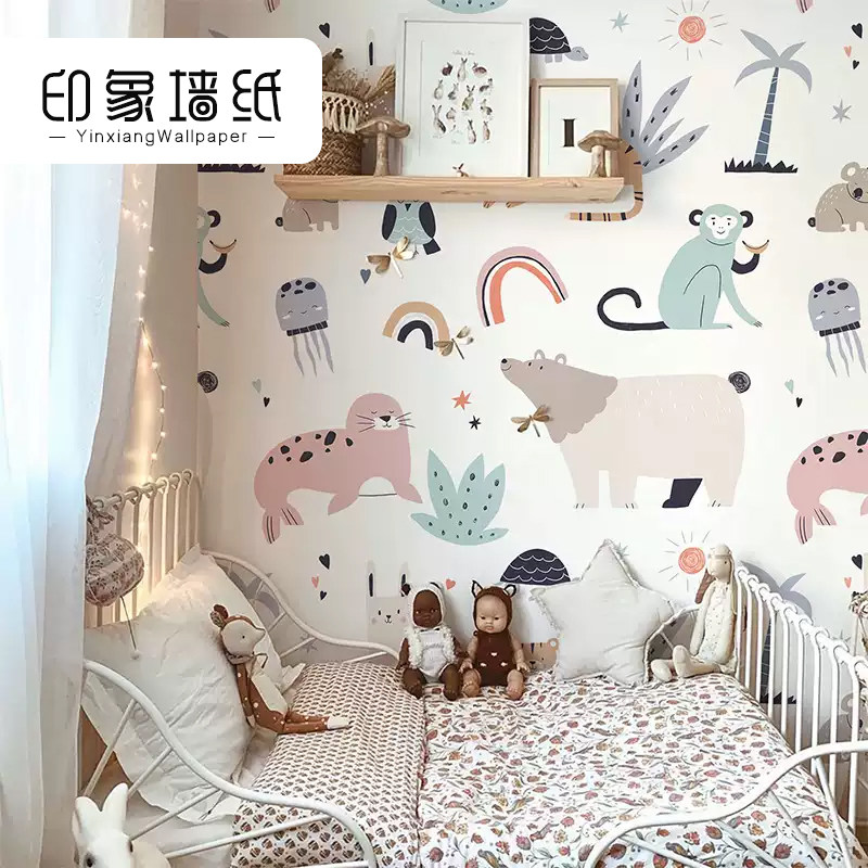 墙布定制手绘卡通动物卧室床头背景墙壁纸北欧男孩女孩儿童房墙纸