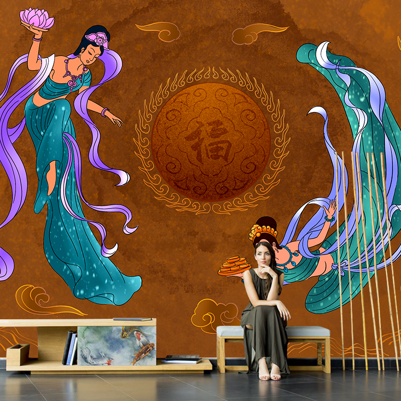 中式手绘复古抽象敦煌飞天人物壁纸客厅电视背景墙纸无缝壁画墙布