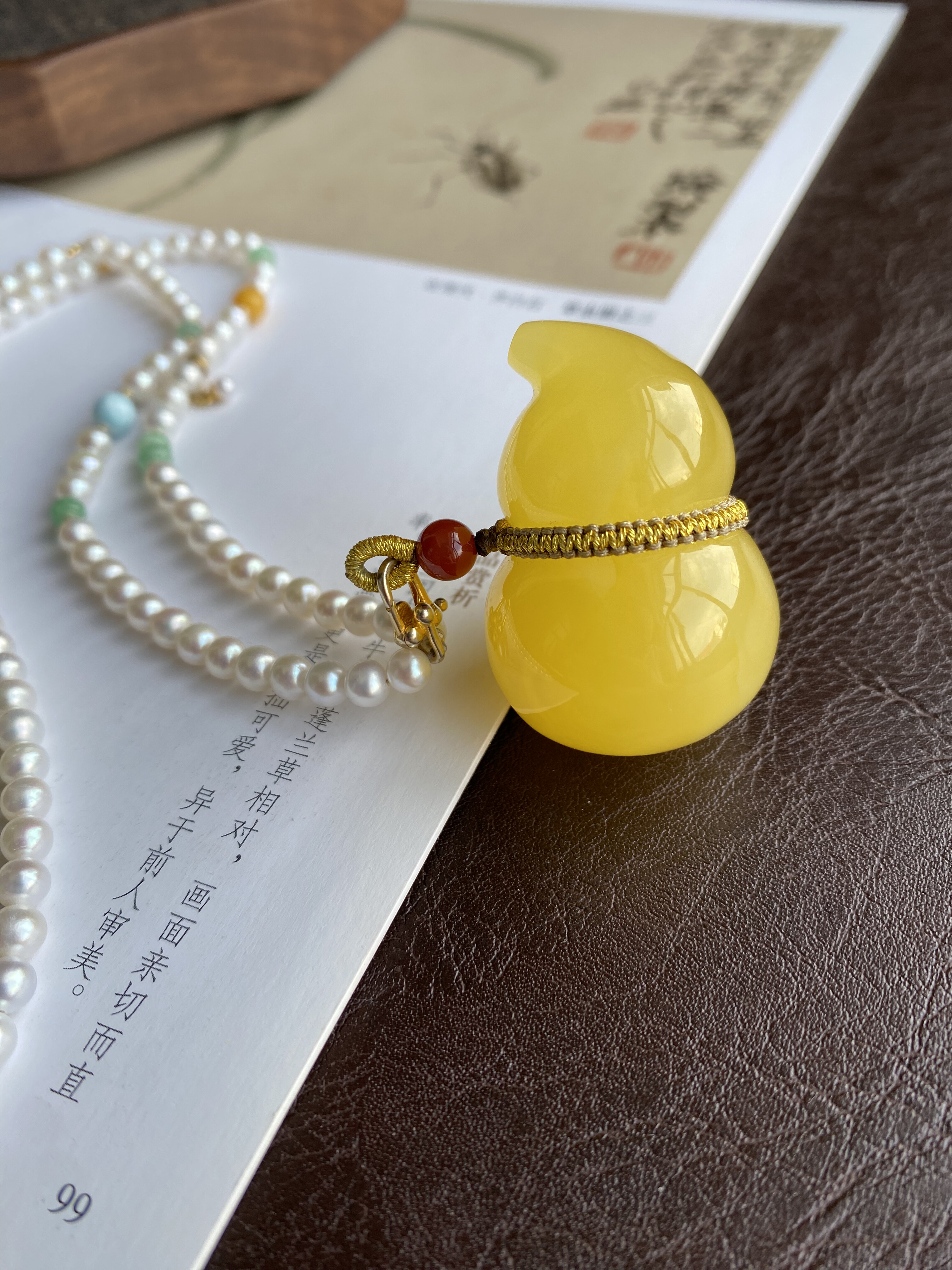 天然蜜蜡葫芦吊坠天然原矿蜜蜡葫芦毛衣链珍珠万能链新中式项链