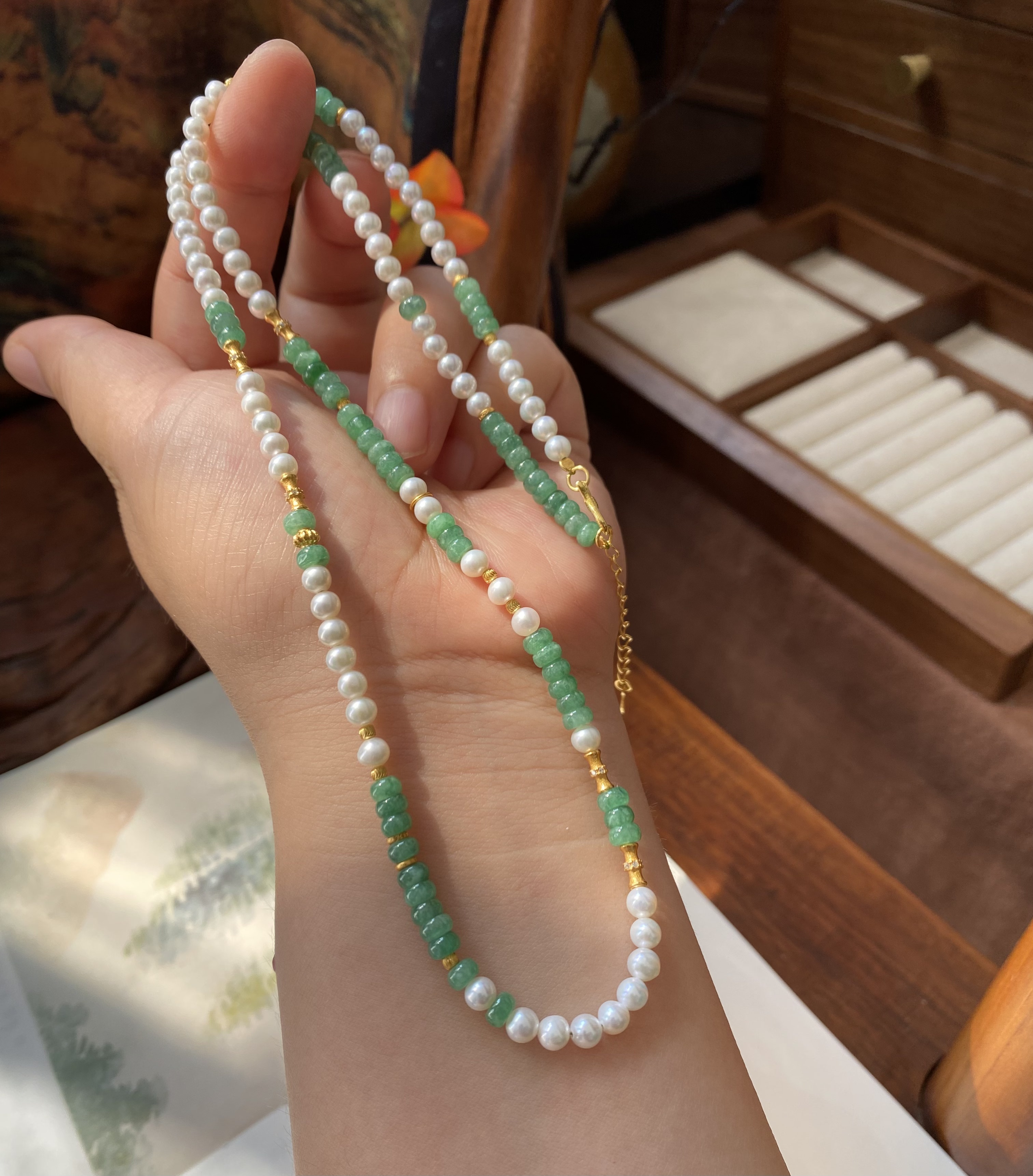 天然淡水珍珠A货翡翠设计项链毛衣链新中式珠宝时尚饰品