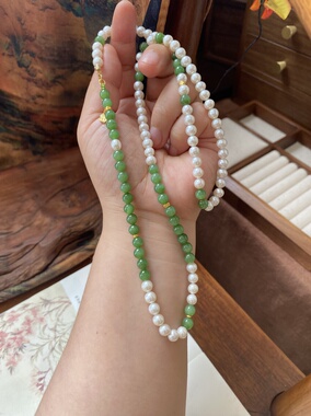 天然俄料苹果绿碧玉毛衣链项链天然淡水珍珠锁骨链新中式国风