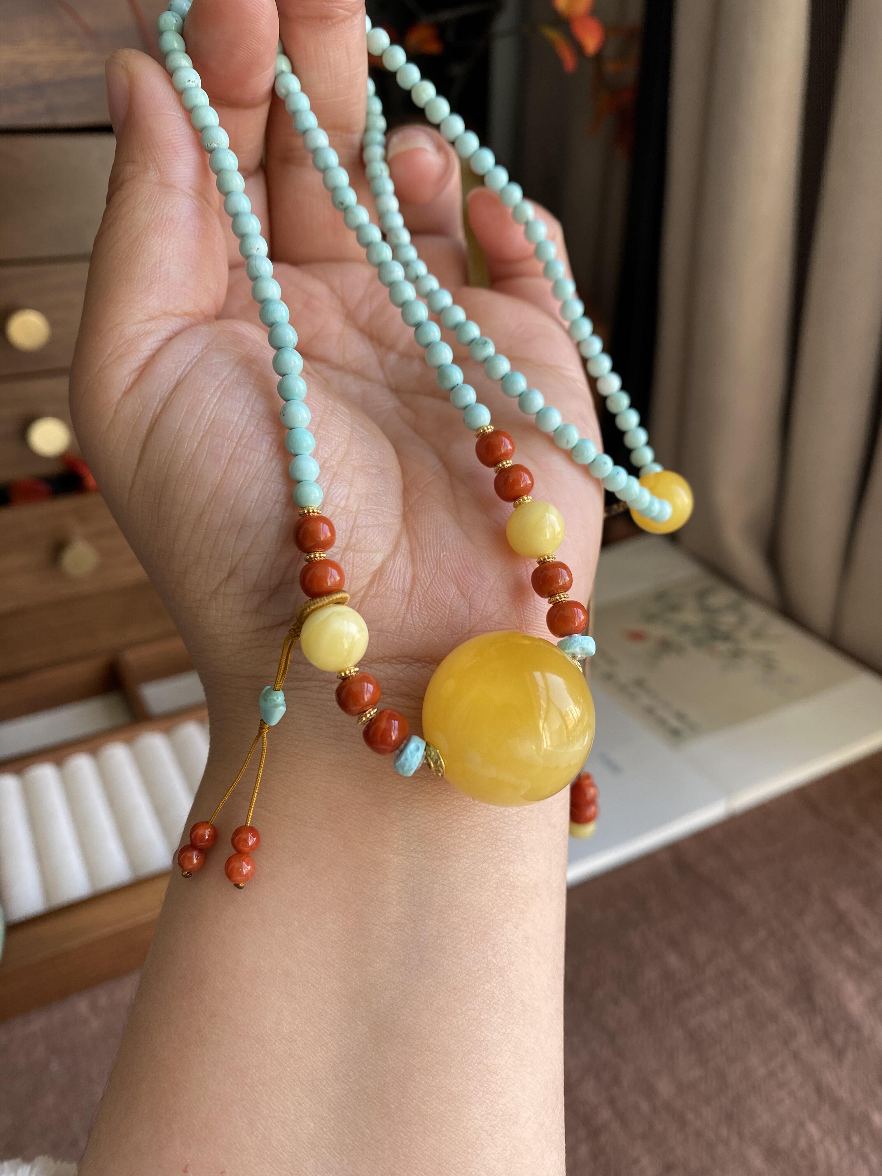 天然原矿蜜蜡锁骨链原矿绿松石毛衣链国风项链