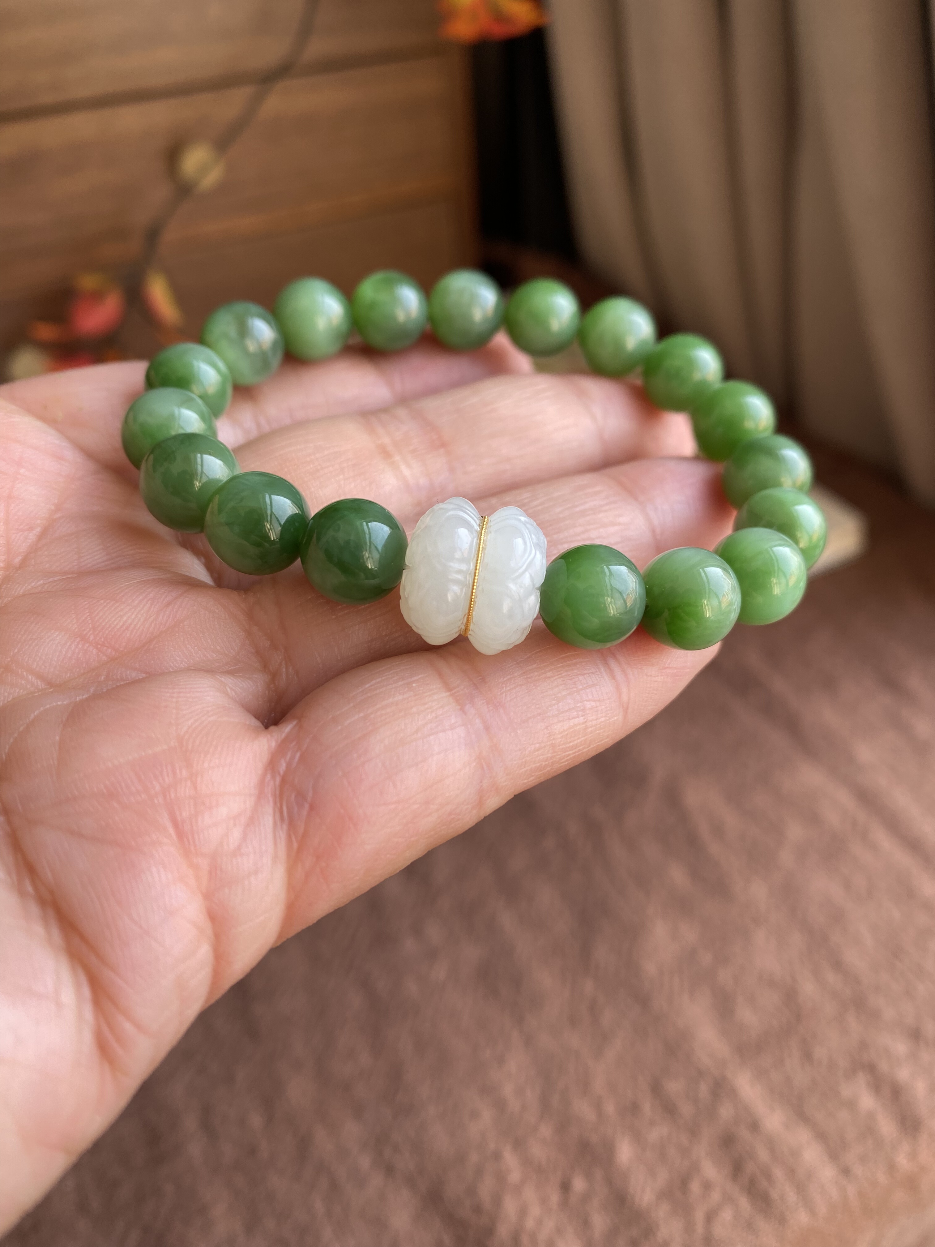 天然老料碧玉手链俄料碧玉单圈设计手串18k金镶嵌白玉配饰