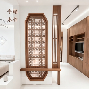 宋式美学新中式实木八角屏风隔断入户玄关格栅花窗花格造景胡桃木