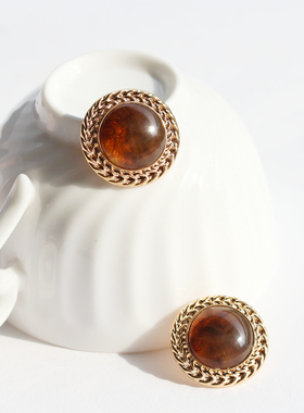 lisa复古中古琥珀色金色圆形经典高级感复刻优雅个性耳钉耳夹