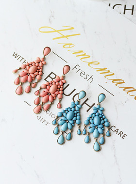 欧美复古ins夸张特别大吊坠粉橘色清新蓝波西米亚风海滩个性耳环