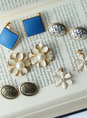 欧美复古老货夸张立体造型花朵蓝色椭圆银色编织压纹耳夹