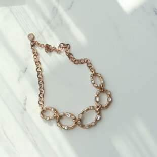 欧美复古外贸夸张个性小众玫瑰金色中不规则镶嵌长项链