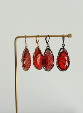 欧美复古JR夸张个性小众金黑铜丝缠绕红色珠宝质感切割吊坠耳环