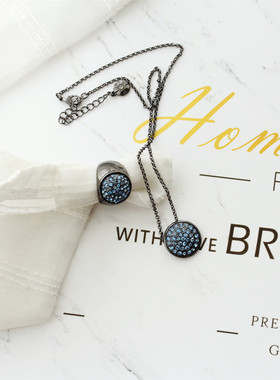 美式复古经典款ins风孔雀蓝锆石优雅个性食指戒指黑色中短项链