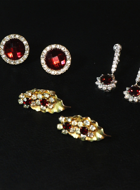 欧美复古vintage莱茵石金红色锆石立体晚宴花朵圆形中古吊坠耳夹