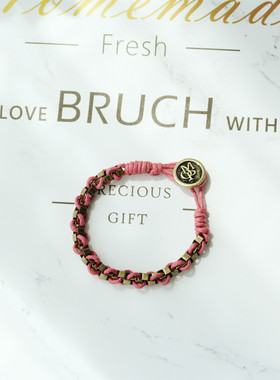 11美式ins简约风玫红色复古铜混合蜡棉绳编织细可叠戴手链