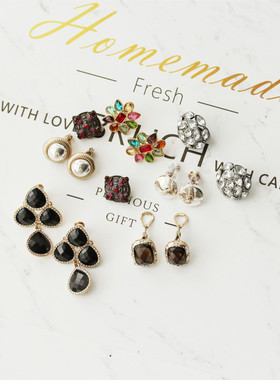 欧美品牌复古经典彩色锆石圆形黑色亚克力钻吊坠耳夹