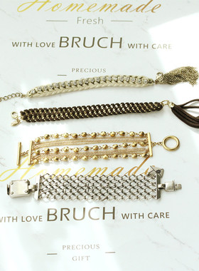 9美式ins复古宽设计简约金涩宽版做旧银立体麂皮镶钻褐色编织手链