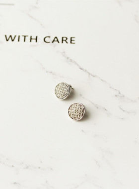 欧美外贸ins简约纯银耳针（防过敏）圆形满钻通勤百搭银色小耳钉