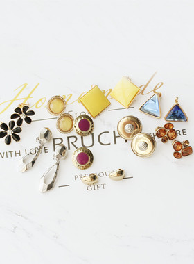 美式复古夸张圆形黑色珐琅釉黄色亚克力大吊坠螺旋夹耳夹