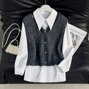 轻奢亮片针织马甲长袖衬衫两件套女2026春季新款时尚气质叠穿上衣