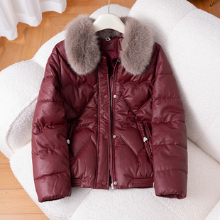 可拆毛领PU皮羽绒棉服厚女冬季2025新款短款保暖防寒大码棉衣外套