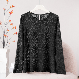 时尚百搭打底衫显瘦内搭上衣女2026春秋新款镂空花黑色长袖蕾丝衫