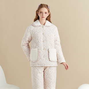 冬季加厚三层长袖夹棉新款女士睡衣保暖开衫外穿小碎花家居服套装