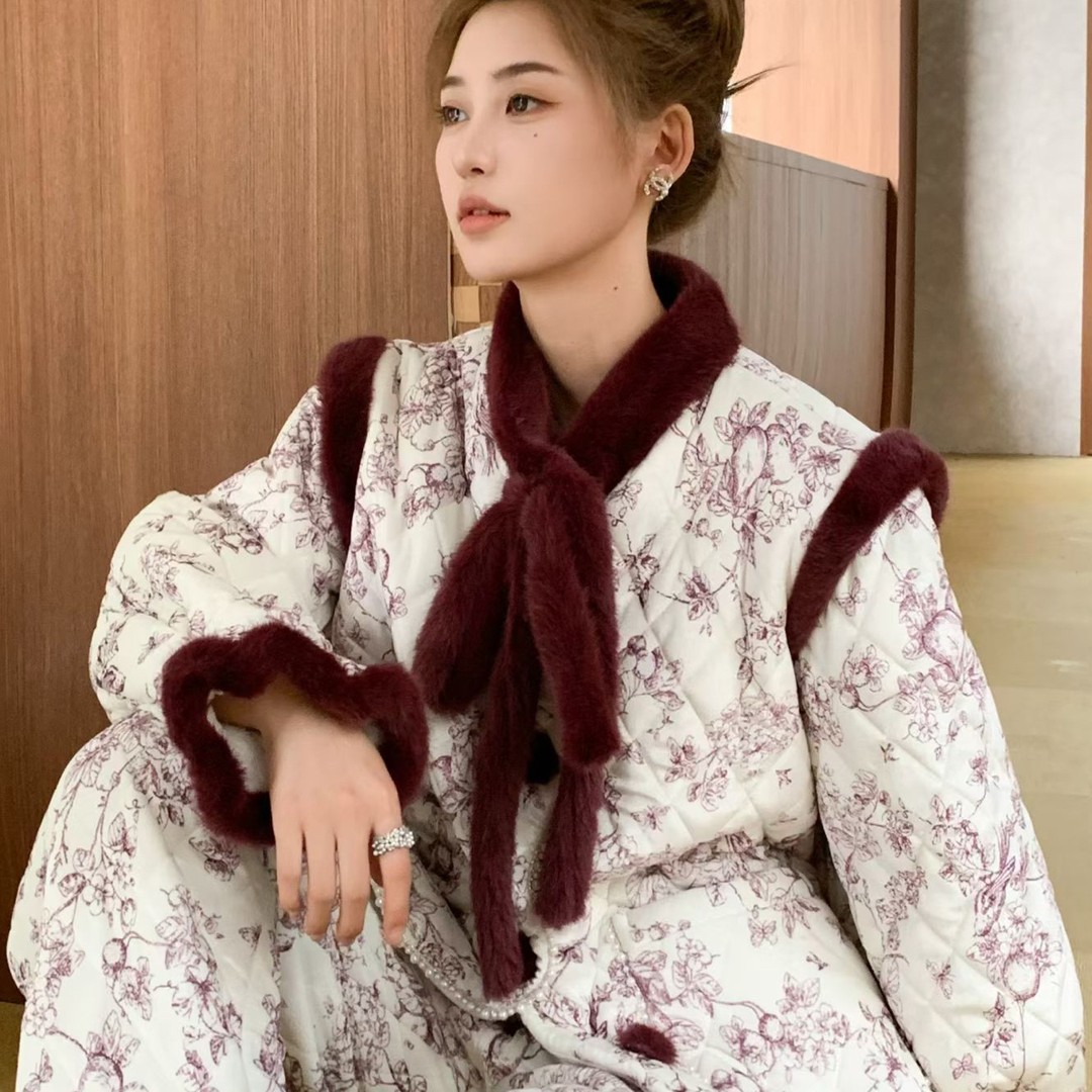 紫陌加厚云烟女士加绒新中式碎花保暖可外穿冬季睡衣秋冬